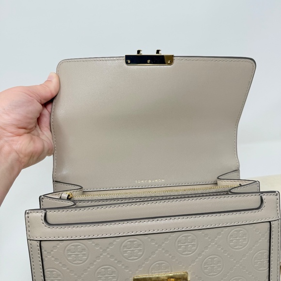 New Tory Burch T Monogram Flap Leather Shoulder Crossbody Bag In Fresh Clay - Picture 15 of 16